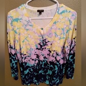 Talbots Floral Cardigan Sweater Yellow Purple Blue Cotton Blend Size Lp